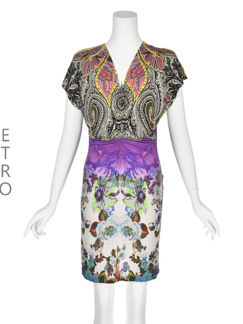 ETRO V-Neck Knit Mini Dress w/Colorful Paisley & Floral Prints SZ10-12